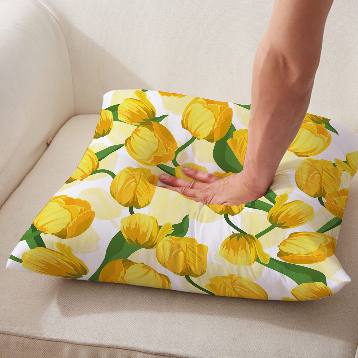 Zbliżenie na tkaninę i detal wzoru żółtych tulipanów