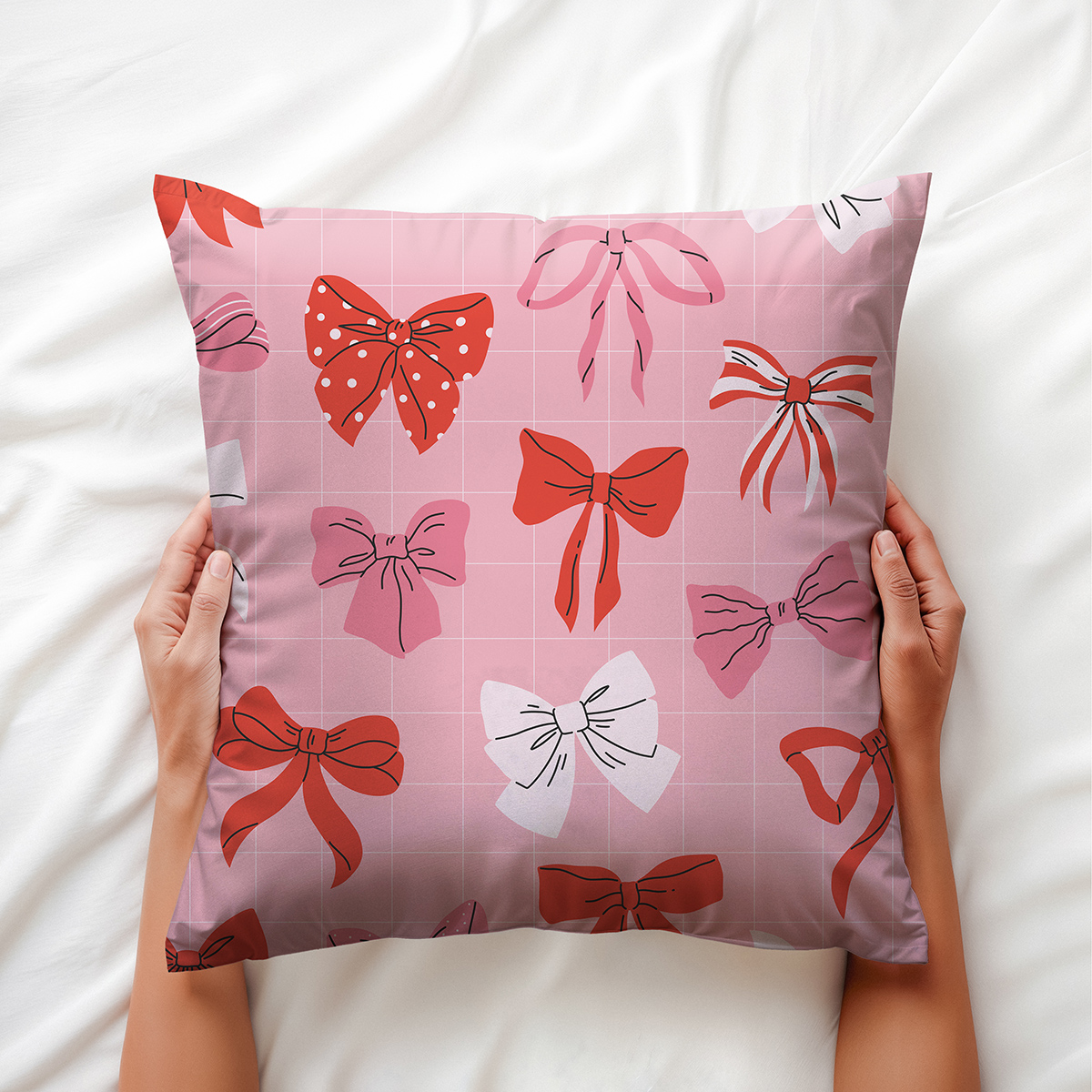 Detale wzoru z czerwonymi, różowymi i białymi kokardkami na subtelnej kratce