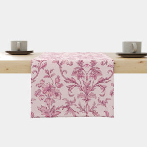 Bieżnik z różowym ornamentem kwiatowym ułożony na stole, widok frontowy