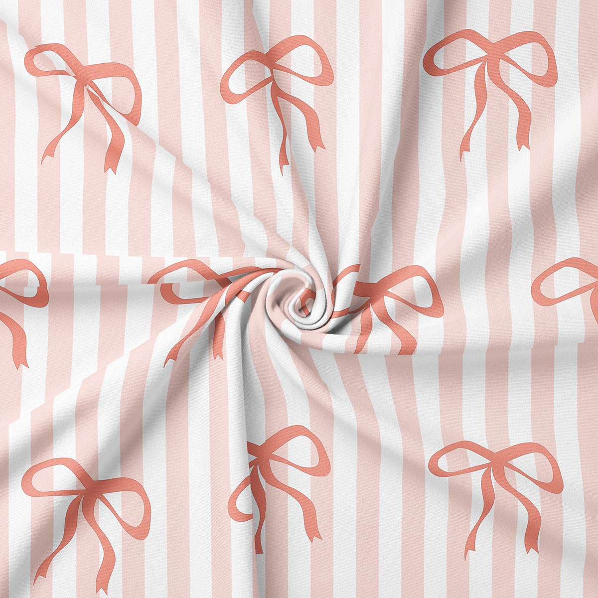 detal tkaniny z powtarzalnym wzorem kokard na jasnych pionowych pasach