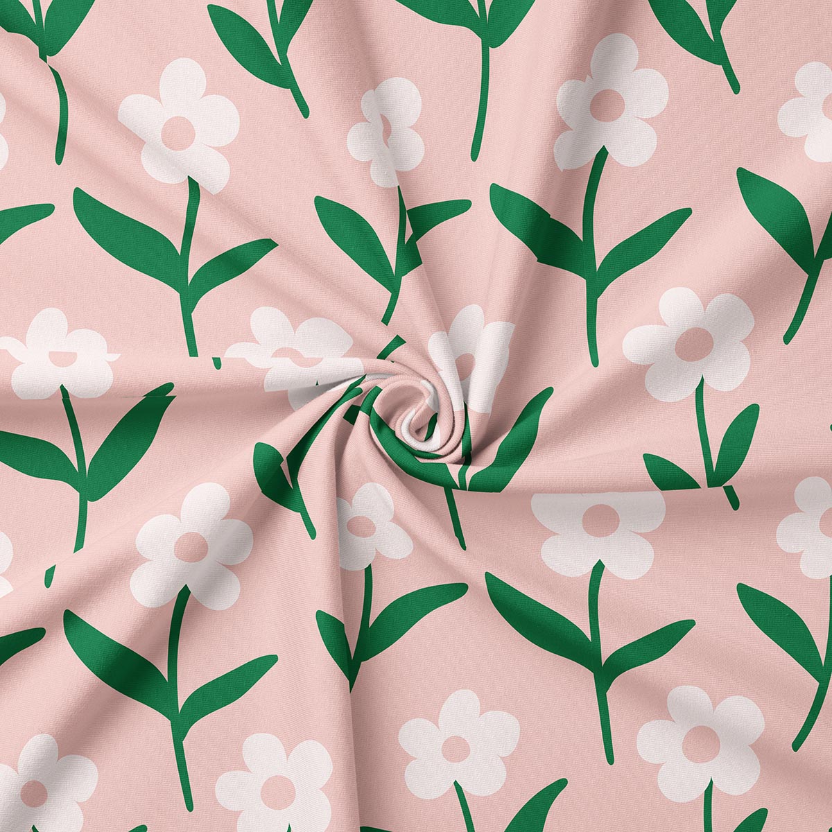 zbliżenie na teksturę tkaniny i wzór białych stokrotek na różowym tle