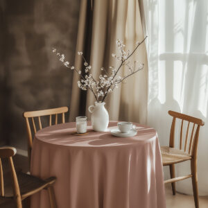 aranżacja stołu z wazonem i filiżanką na obrusie w pudrowym różu w jasnym wnętrzu