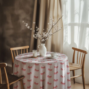 aranżacja stołu z wazonem i filiżanką na obrusie w kokardki w przytulnym wnętrzu