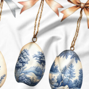 zbliżenie na dekoracyjne pisanki z niebieskimi pejzażami i złotymi kokardami na tkaninie