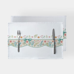 Podkładka stołowa z motywem kokard i delikatnych kwiatów na białym tle — ujęcie główne