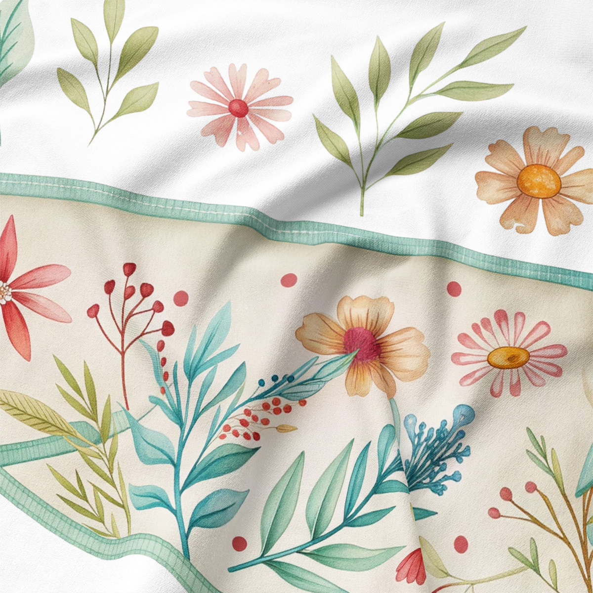 Zbliżenie na akwarelowy nadruk kwiatów i miękki pas z kokardą