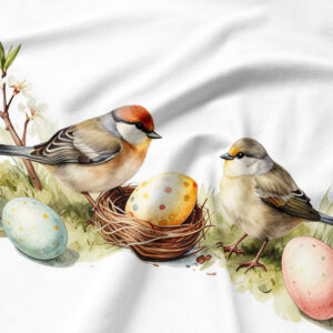 zbliżenie na akwarelowe ptaki siedzące przy gniazdku z kolorową pisanką