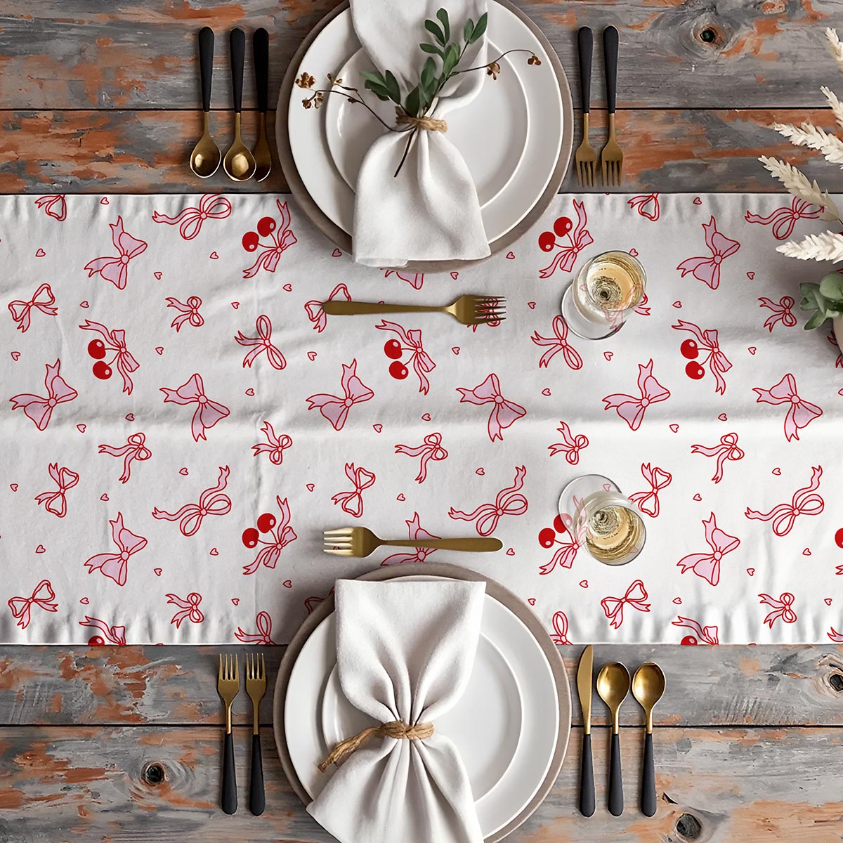 Aranżacja stołu z bieżnikiem, talerze i sztućce ustawione na wzorzystym materiale