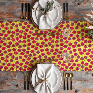 Aranżacja stołu z bieżnikiem w truskawki, talerze, sztućce i kieliszki w towarzystwie dekoracji