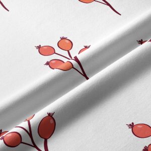 zbliżenie tkaniny i nadruku pokazujące koralowe owoce i bordowe gałązki