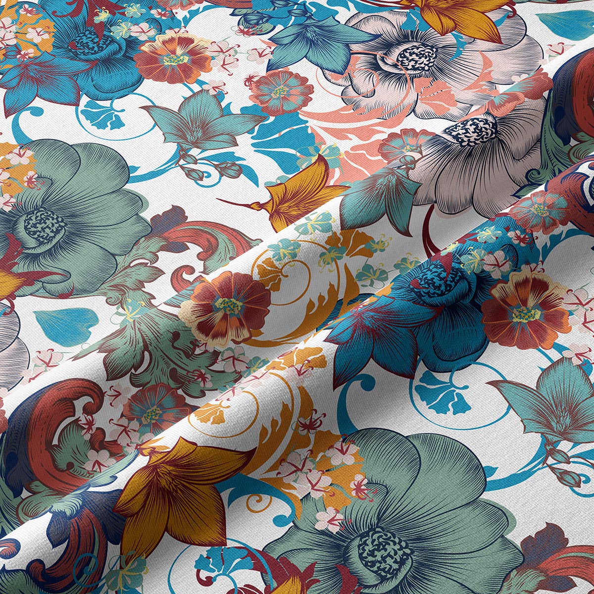 Zbliżenie na fakturę tkaniny i szczegółowy nadruk z dużymi kwiatami oraz delikatnymi liśćmi