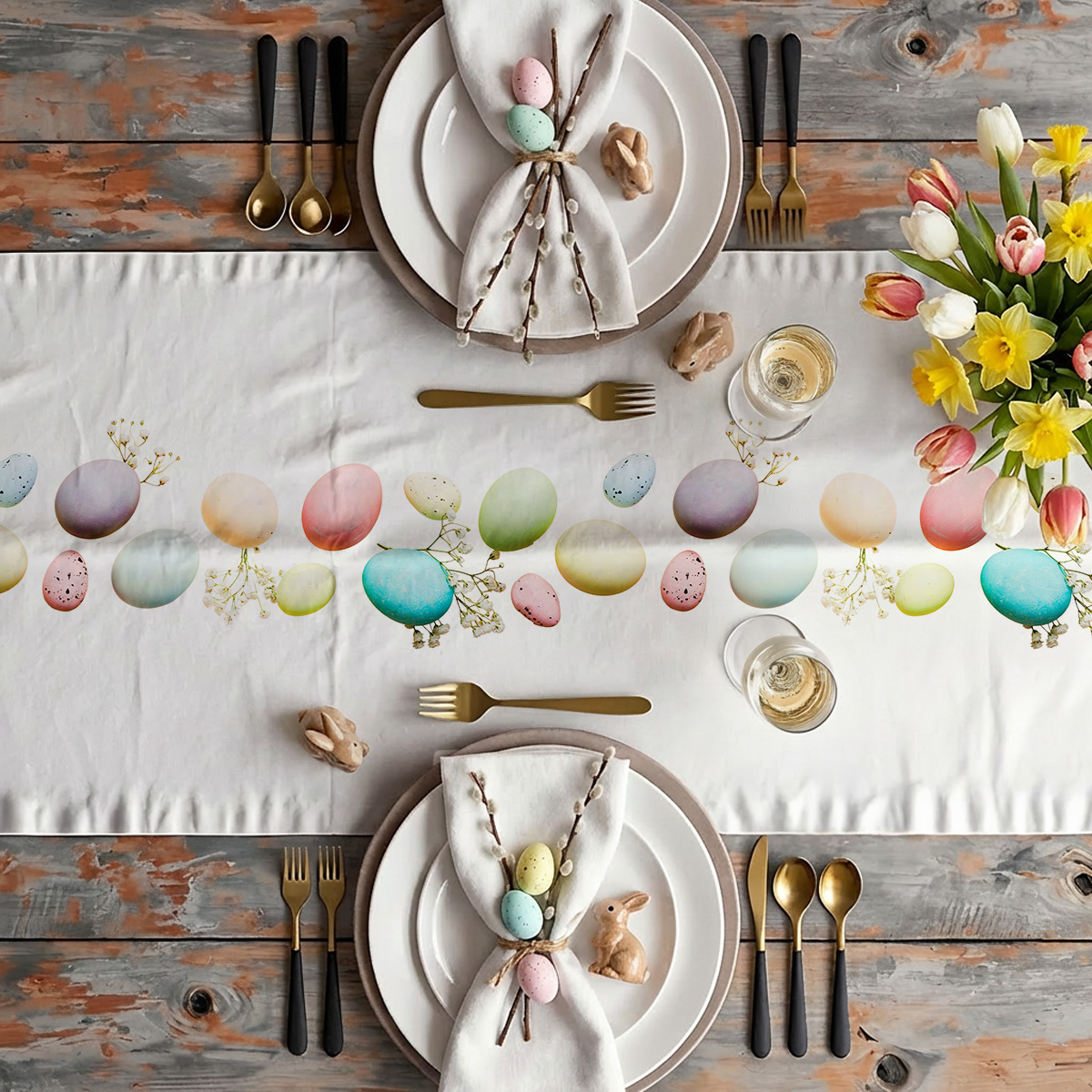 Aranżacja stołu z bieżnikiem, talerzami, złotymi sztućcami i bukietem wiosennych kwiatów