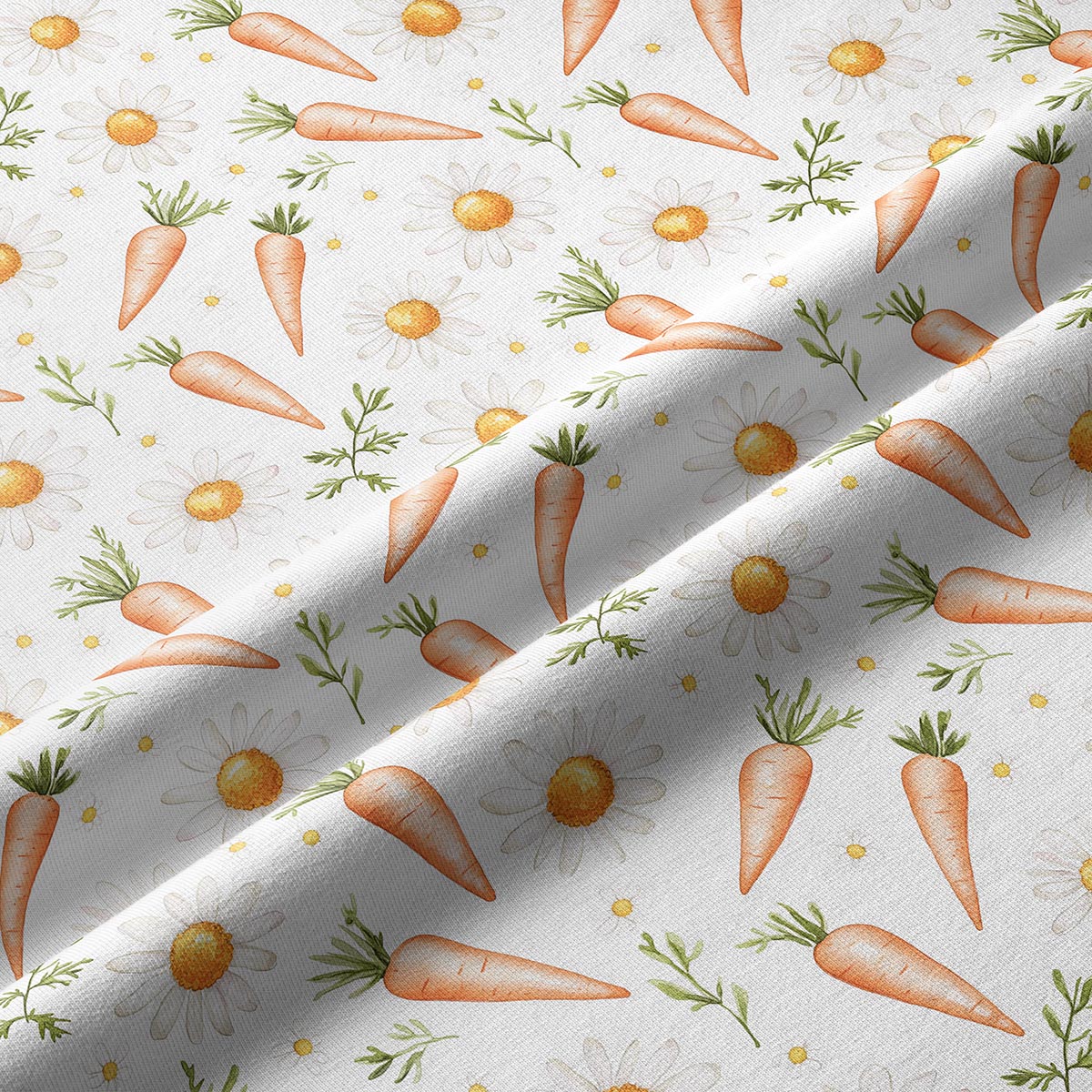 Zbliżenie na tkaninę z akwarelowymi marchewkami i delikatnymi stokrotkami