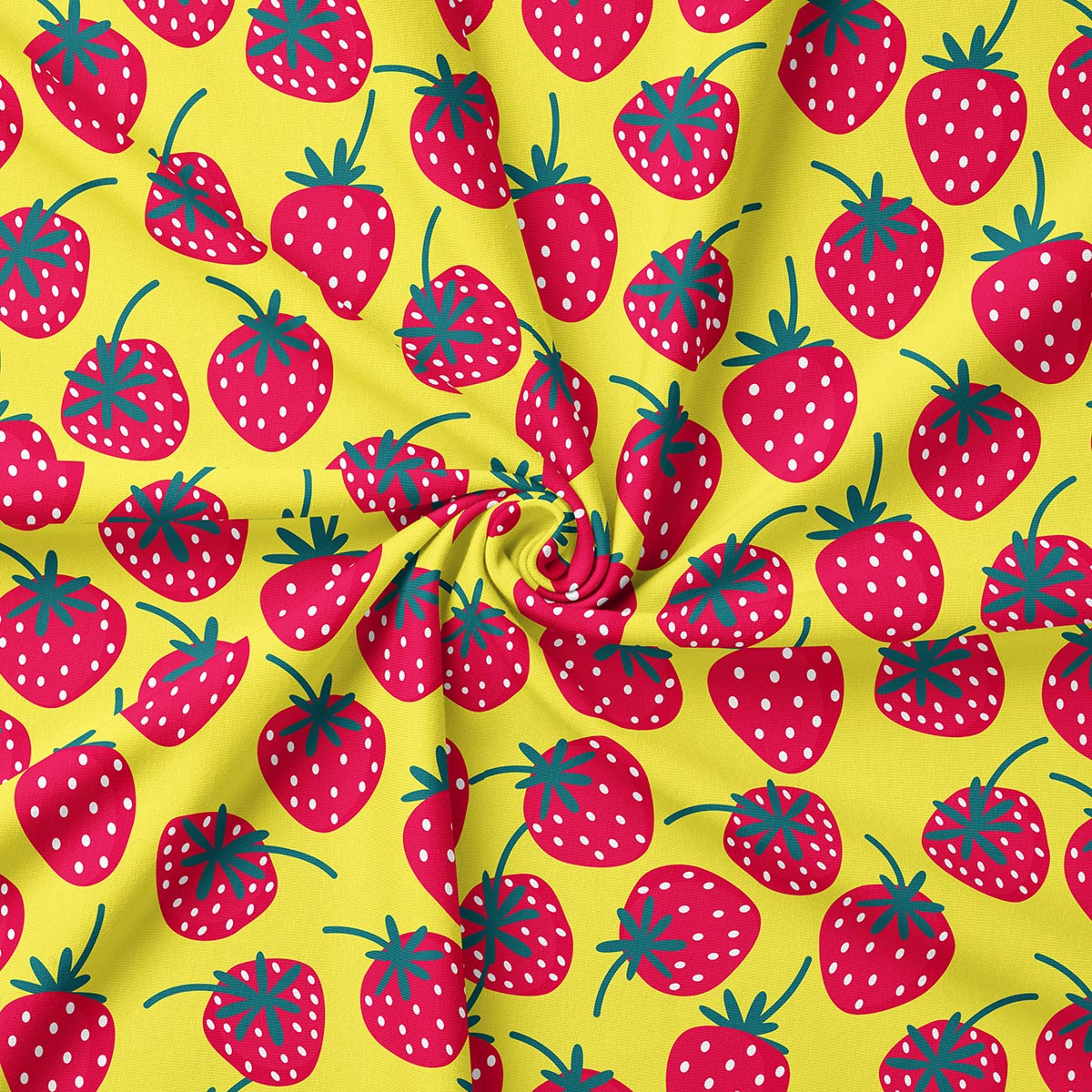 Zbliżenie na materiał z nadrukiem truskawek, detal tkaniny i kolorów