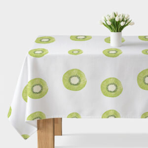 Obrus z motywem zielonych plastrów kiwi na białym tle — widok główny