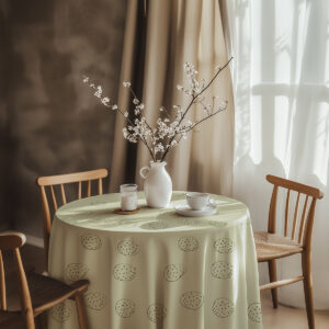 aranżacja stołu z obrusem, białym wazonem z gałązkami i naczyniami