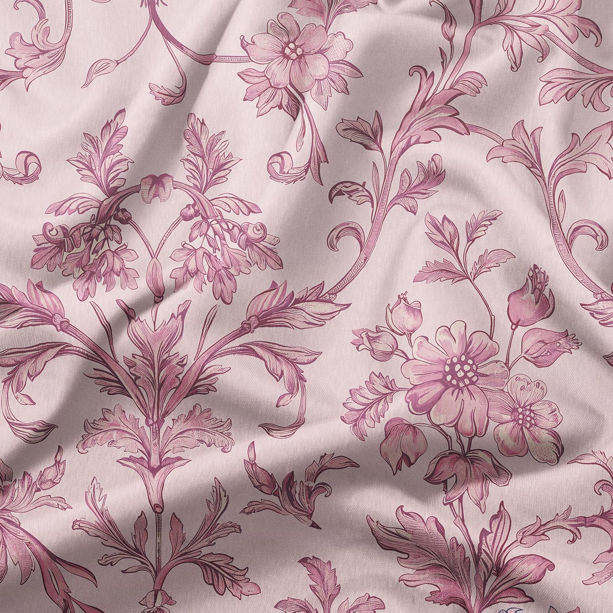 zbliżenie tkaniny z detalem różowego wzoru kwiatowego i liści