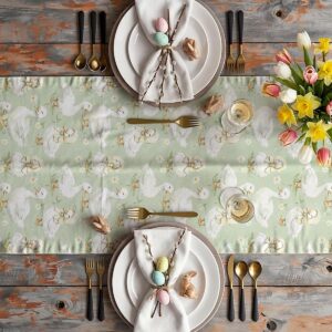 Aranżacja stołu z bieżnikiem, talerzami, sztućcami i wiosennymi kwiatami