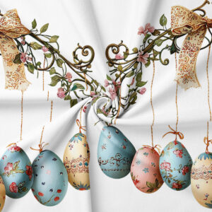 zbliżenie na ozdobne pisanki i misterny motyw girlandy z wstążką na tkaninie