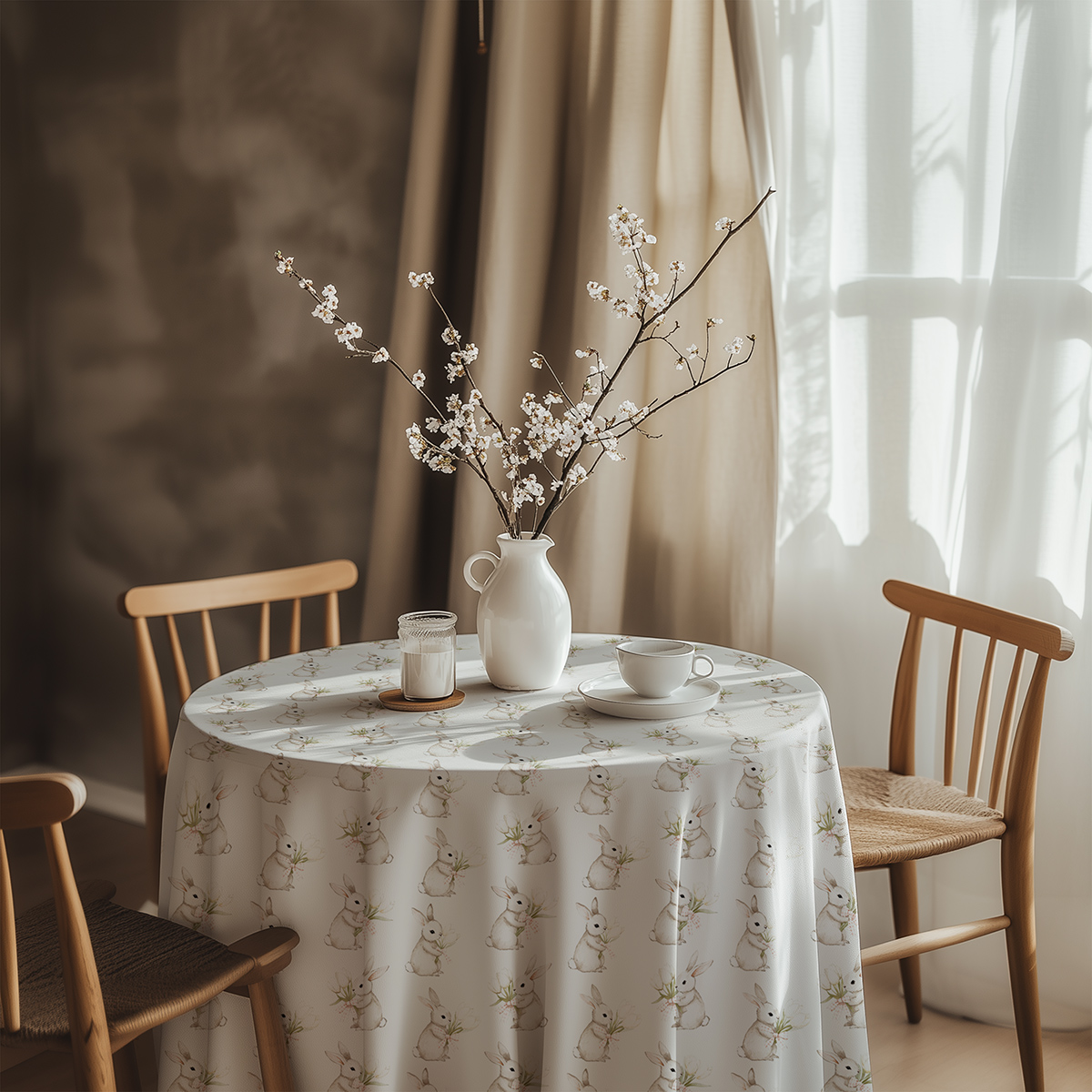 aranżacja stołu z wielkanocnym obrusem, wazon z gałązkami i biała porcelana