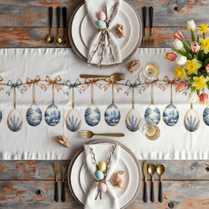 aranżacja stołu z bieżnikiem, talerzami, złotymi sztućcami i bukietem tulipanów