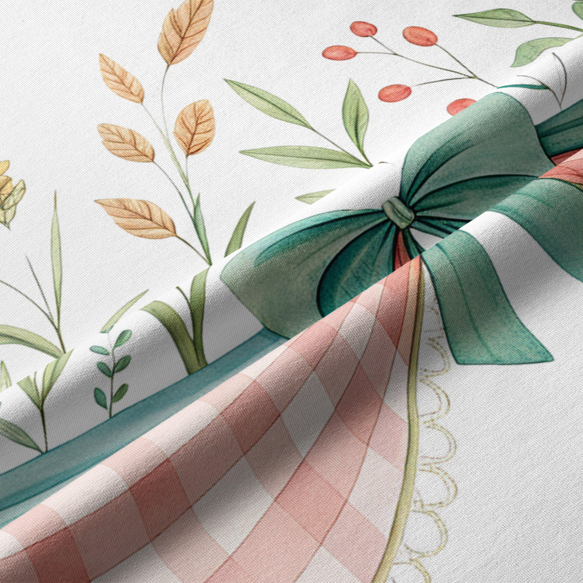 Zbliżenie na detal tkaniny z miętową kokardą, różową kratką i delikatnymi listkami oraz kwiatami