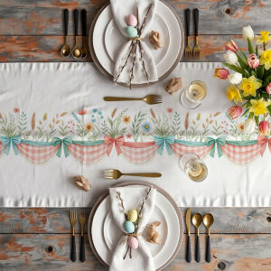 Aranżacja stołu ze świątecznym bieżnikiem, talerze, sztućce i wiosenne tulipany