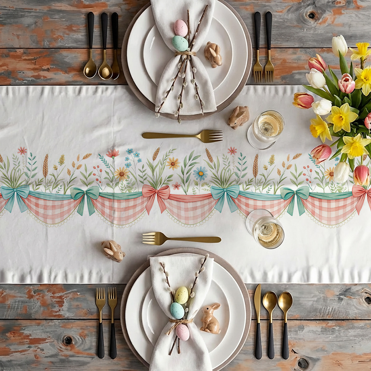 Aranżacja stołu ze świątecznym bieżnikiem, talerze, sztućce i wiosenne tulipany