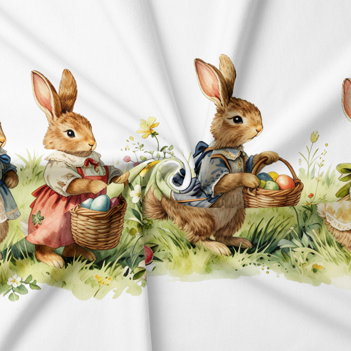 Zbliżenie na detal ilustracji: króliczek w ubranku trzymający koszyk z pastelowymi jajkami