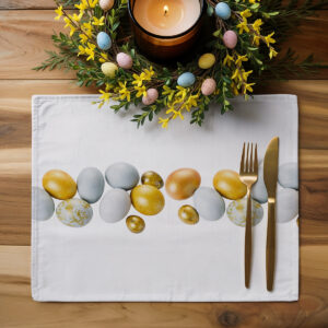 aranżacja stołu z podkładką, wianuszkiem z pisanek i zapaloną świecą