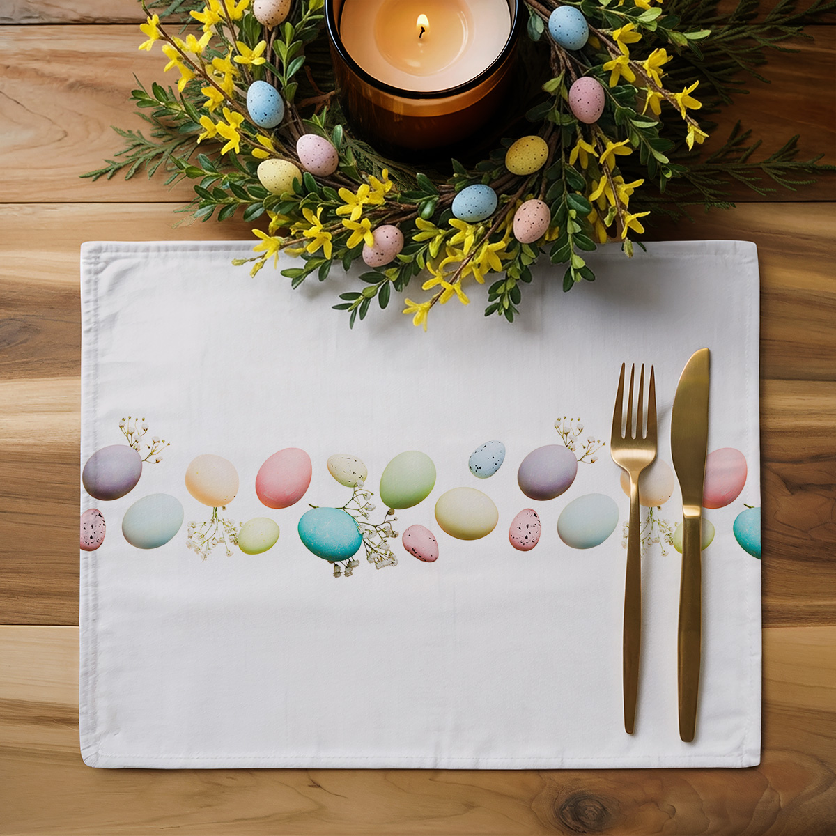 aranżacja stołu ze świątecznym wieńcem i podkładką z pastelowymi pisankami pod talerzem