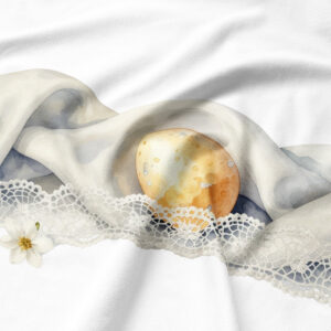 Detal: akwarelowa pisanka ułożona przy koronce na materiale podkładki