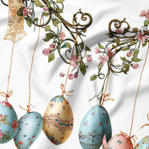 Zbliżenie na pastelowe malowane pisanki, ozdobne kokardy i kwiatowe detale girlandy