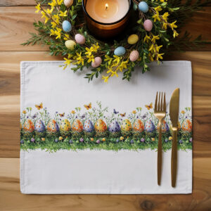 aranżacja stołu z podkładką, świecą i wiosenną dekoracją z jajkami