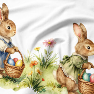 Zbliżenie na tkaninę i detal nadruku z zajączkami w sukienkach oraz trawą i kwiatami