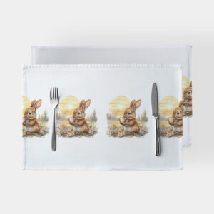 Główne ujęcie białych podkładek z powtarzającym się motywem zajączka trzymającego pisankę na kwiatowej łące