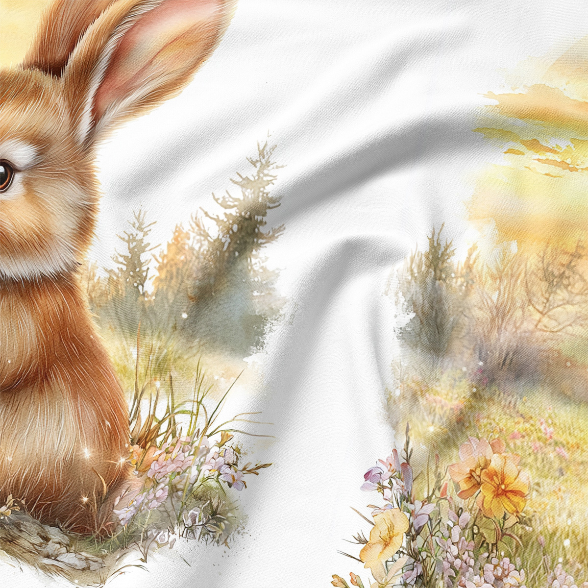 Zbliżenie na detal nadruku i fakturę tkaniny pokazujące miękkie włókno i subtelne pociągnięcia farby