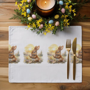 Podkładka ułożona na drewnianym stole z świątecznym wieńcem i sztućcami, aranżacja stołu