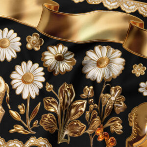 Zbliżenie detalu: złote wstęgi, kwiaty i baranki na czarnym tle