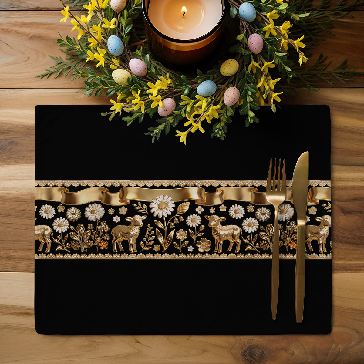 Aranżacja stołu z podkładką i świątecznym wieńcem z jajkami i świecą