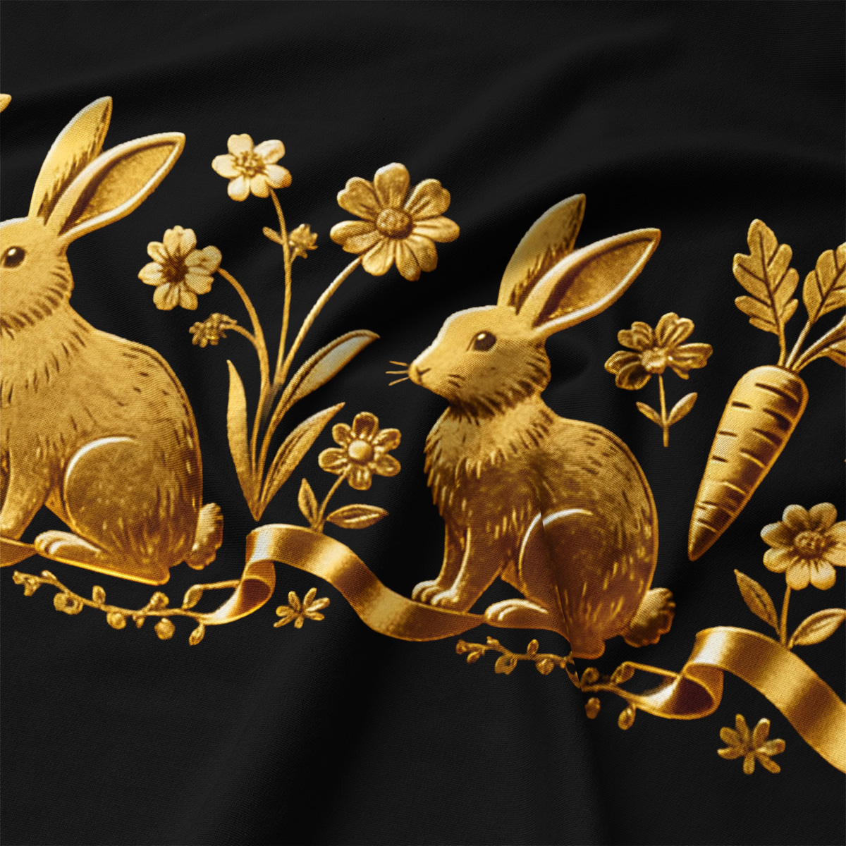 zbliżenie na złoty motyw zajączka, kwiatów i wstążki na czarnej tkaninie