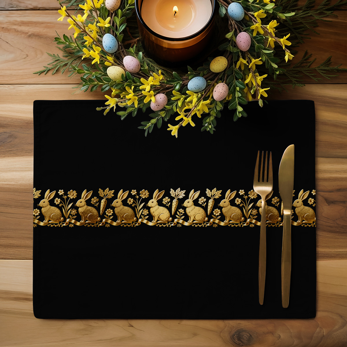 aranżacja stołu ze świecami i wiosennym wieńcem, podkładka z złotym pasem przy nakryciu