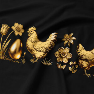 zbliżenie na złoty motyw kury, pisanki i kwiatów nadrukowany na czarnej tkaninie