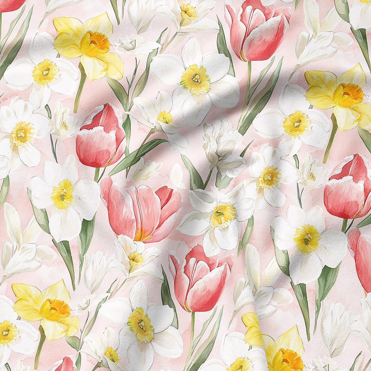 zbliżenie na akwarelowy wzór z różowymi tulipanami i żółtymi narcyzami na jasnoróżowym tle