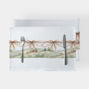 Para podkładek na białym tle z delikatnym pastelowym pejzażem i dekoracyjnymi beżowymi wstążkami, zastawione sztućcami