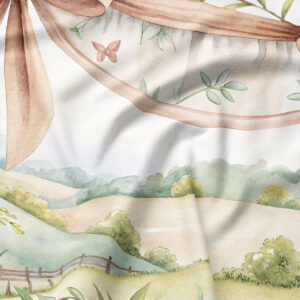 Zbliżenie tkaniny pokazujące akwarelowe szczegóły wstążki, liści i pagórków na plamoodpornym materiale