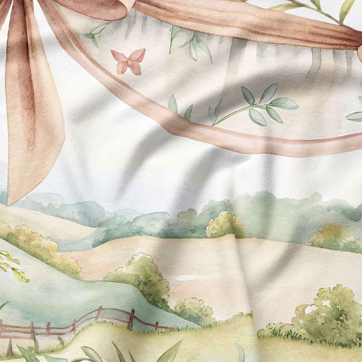 Zbliżenie tkaniny pokazujące akwarelowe szczegóły wstążki, liści i pagórków na plamoodpornym materiale