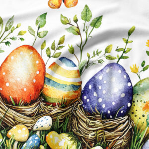 zbliżenie na akwarelowe pisanki w gniazdku, detale liści i faktura tkaniny