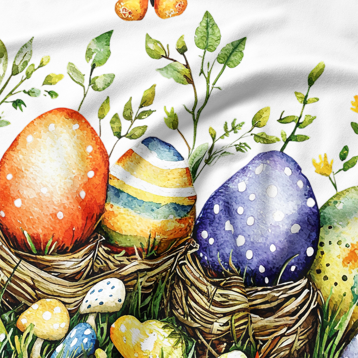 zbliżenie na akwarelowe pisanki w gniazdku, detale liści i faktura tkaniny