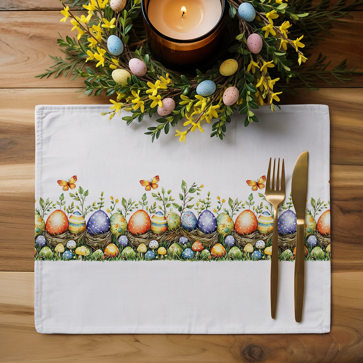 aranżacja stołu z podkładką, świecznikiem i wiosenną dekoracją z jajek, świąteczna stylizacja